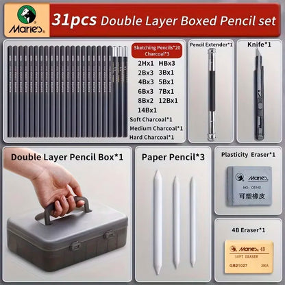 Marie's – ensemble de crayons de grande capacité, 31 pièces/44 pièces, boîte Double couche pour croquis et peinture pour adultes, étudiants et artistes