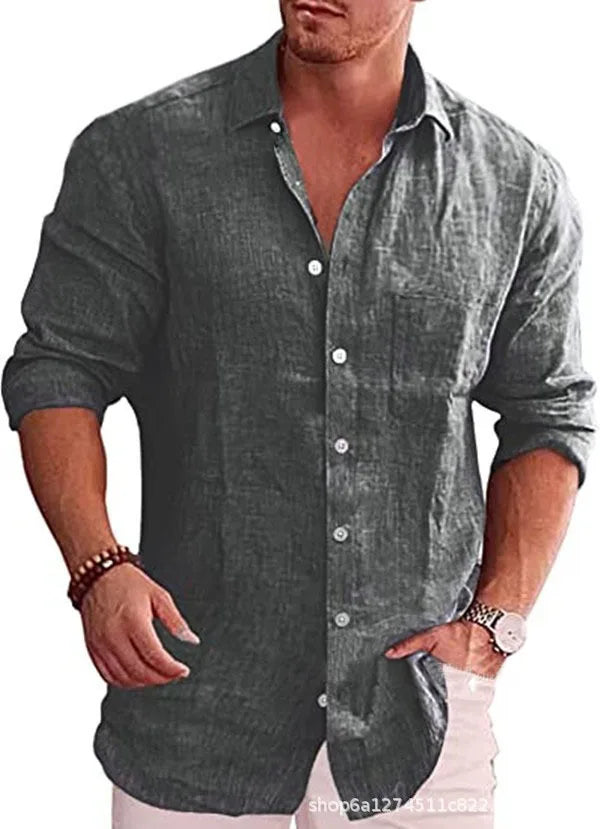 Chemise ample grande taille pour hommes, couleur unie, col en lin, manches longues, chemise décontractée