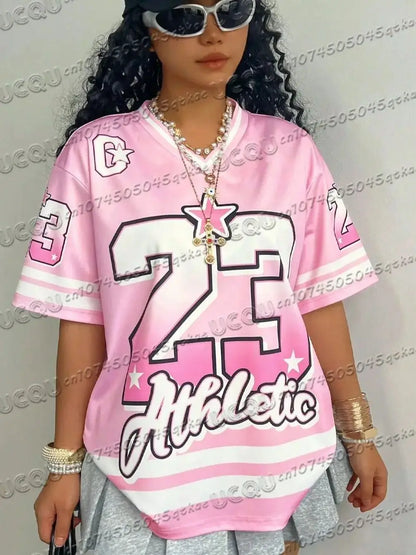 T-Shirt en Jersey imprimé numéro 23 rose pour femmes, col en v, sport, manches courtes, décontracté, voyage, Teey2k, vêtements à la mode, été