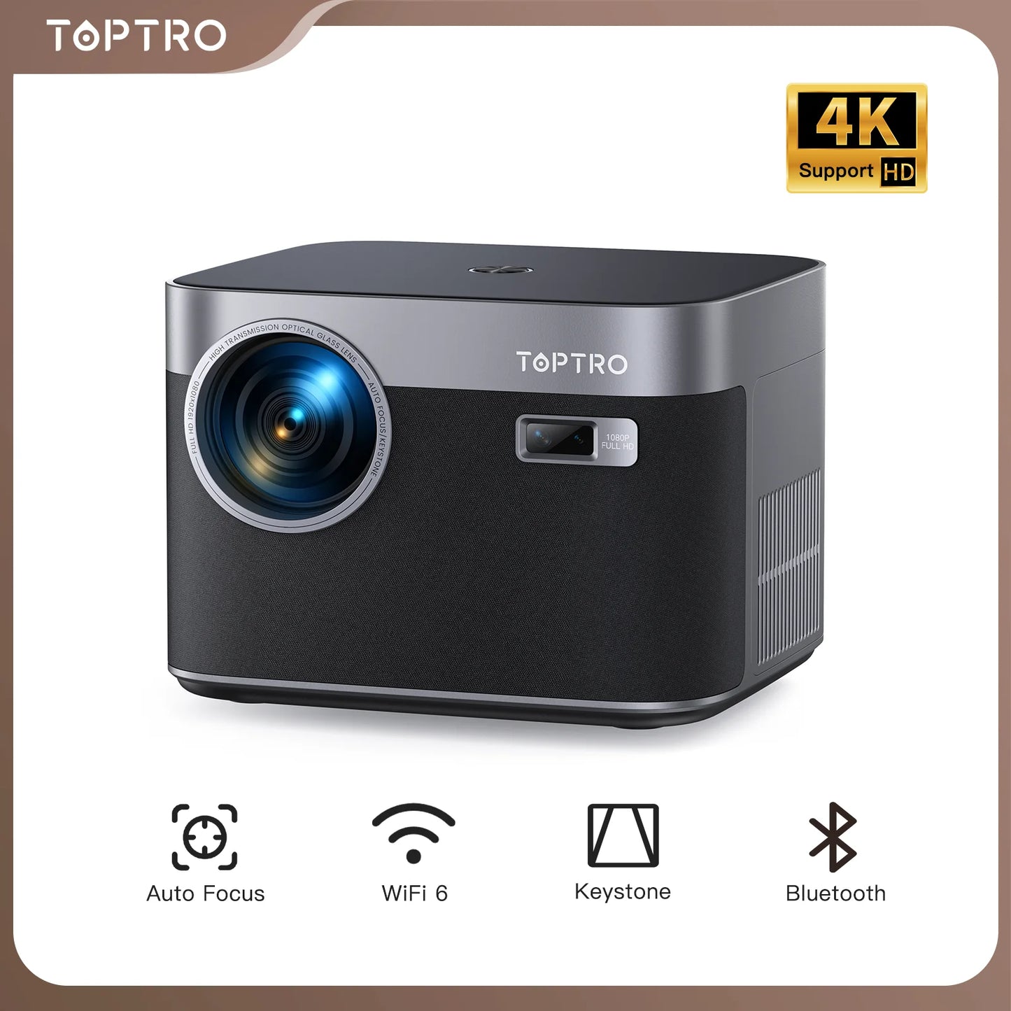 Projecteur TOPTRO 4K Android 9.0 26000 Lumens natif 1080P WiFi6 projecteur Bluetooth mise au point automatique/Keystone cinéma maison extérieur