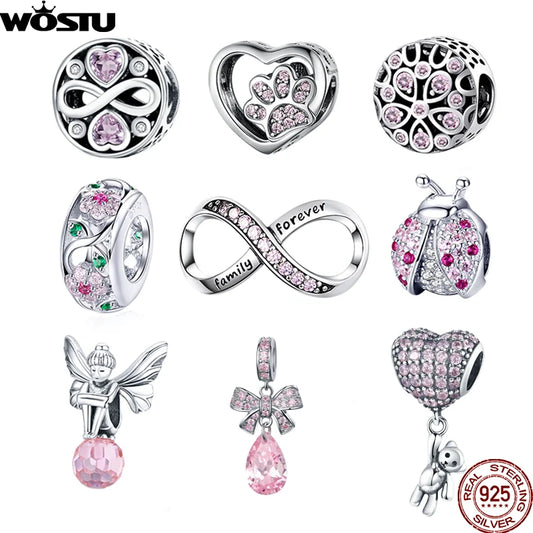 WOSTU 100% 925 argent Sterling rose Zircon cristal perles creux sculpté breloque pour la fabrication de bijoux ajustement Original Bracelet pendentif