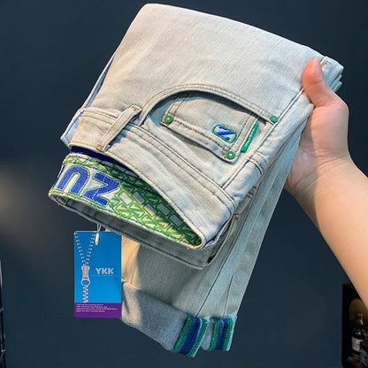 Jean Bleu Clair Délavé pour Homme, Pantalon en Denim de Coton, observateur et Décontracté, Coupe Droite, Polyvalent, à la Mode, Affaires, Été