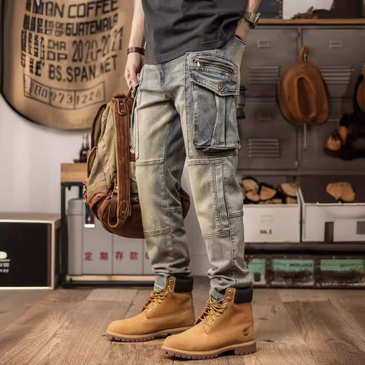 Jeans cargo stretch rétro pour hommes, pantalons décontractés, cône droit, mince, américain, lourd, marque de mode, printemps et automne