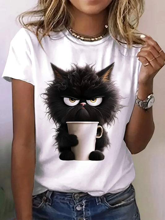 T-shirt imprimé chat, haut décontracté à manches courtes et col rond pour le printemps et l'été, vêtements pour femmes