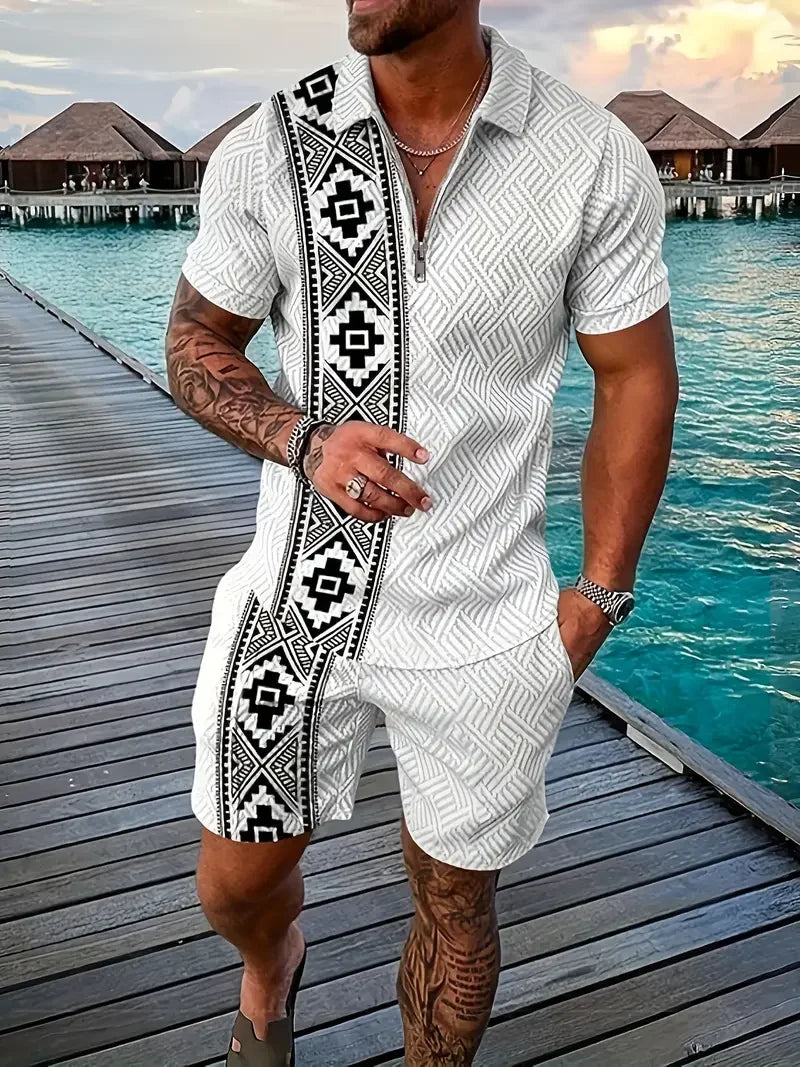 Polo et short College en 3D pour hommes, motif ethnique rétro, fermeture éclair, vêtements de rue décontractés, mode, nouveau, 2 pièces