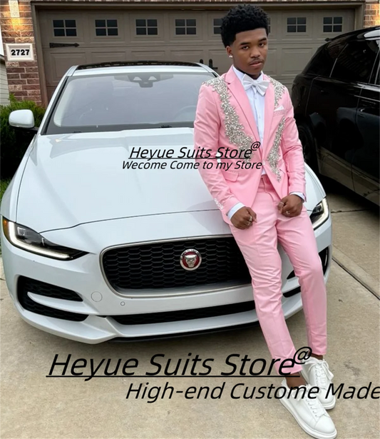 Mode rose strass marié mariage Tuxedos coupe ajustée revers cranté hommes costumes 2 pièces ensembles beau mâle Blazers Ropa Hombre