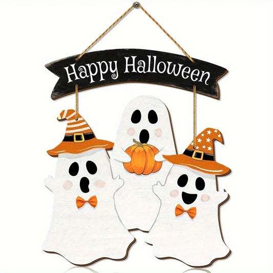 Panneau suspendu en bois pour Halloween |   Décor festif multicolore avec fantômes en costumes et motif citrouille |   Art mural de style bohème