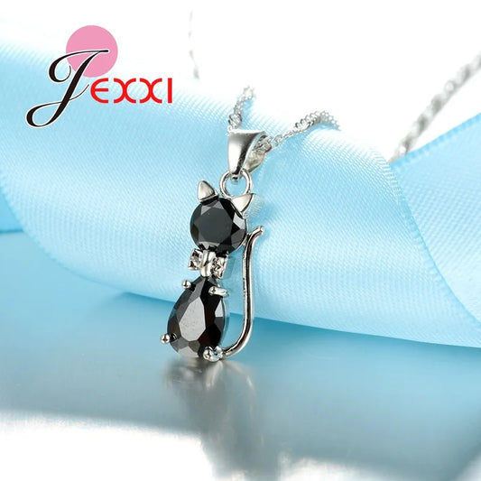 Ensembles de bijoux en argent pour femmes, livraison rapide, fiançailles romantiques, chat mignon, collier, boucles d'oreilles avec cristal autrichien