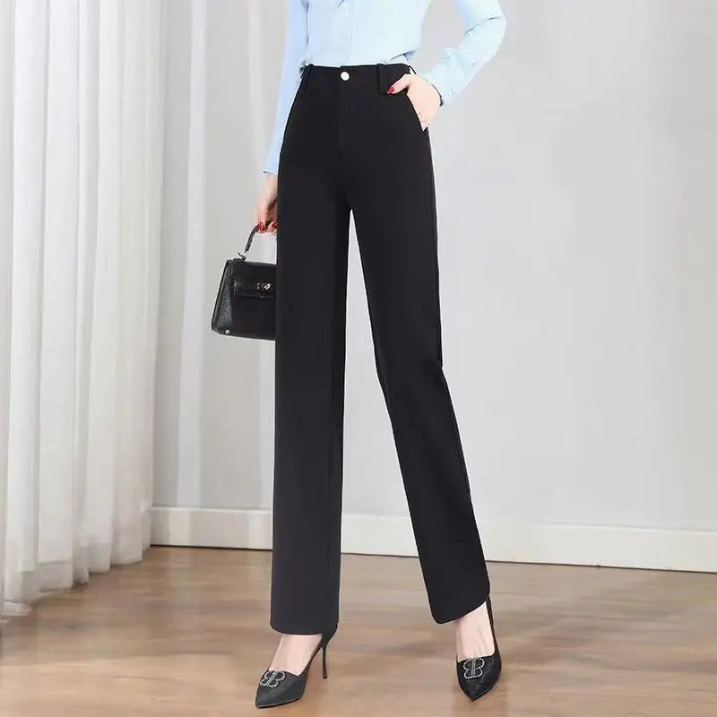 Pantalon de bureau pour femmes, coupe droite, ample, couleur unie, bouton assorti, fermeture éclair, taille haute, poches, crayon, printemps automne