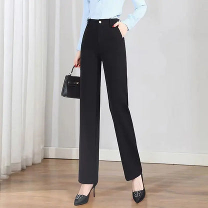 Pantalon de bureau pour femmes, coupe droite, ample, couleur unie, bouton assorti, fermeture éclair, taille haute, poches, crayon, printemps automne