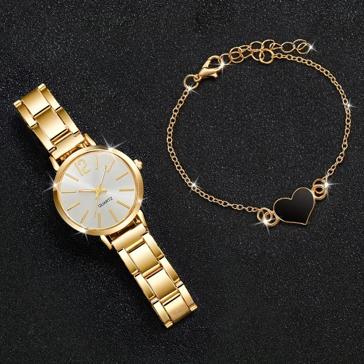 Montres dorées coeur Bracelet à breloques 2 pièces ensemble mode