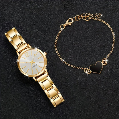 Montres dorées coeur Bracelet à breloques 2 pièces ensemble mode