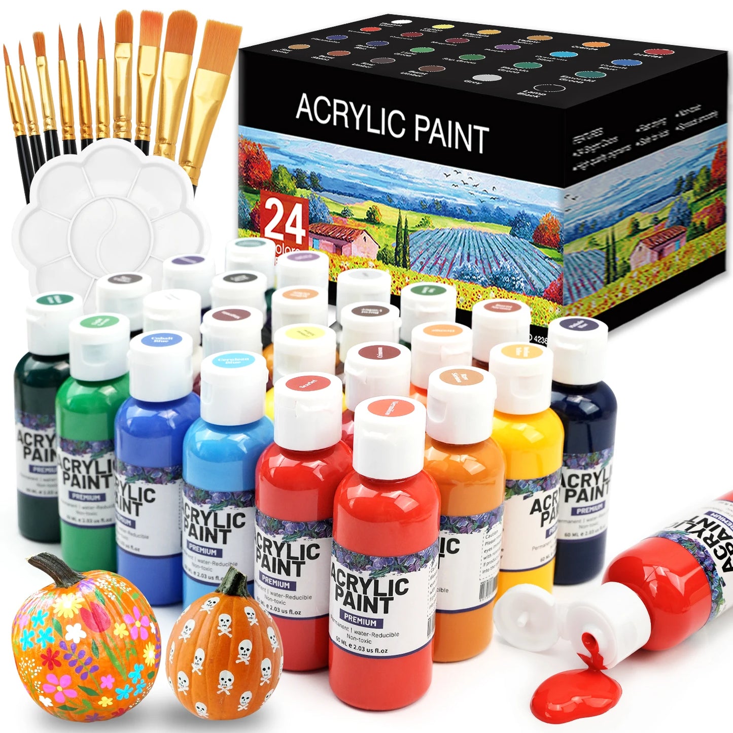 Ensemble de peinture acrylique avec 10 pinceaux, 24 couleurs (60ml, 2 US fl oz), artisanat d'art pour Halloween, citrouille, peinture céramique, Kit de fournitures d'art