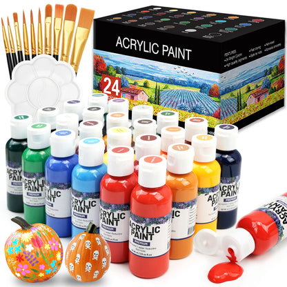 Ensemble de peinture acrylique avec 10 pinceaux, 24 couleurs (60ml, 2 US fl oz), artisanat d'art pour Halloween, citrouille, peinture céramique, Kit de fournitures d'art