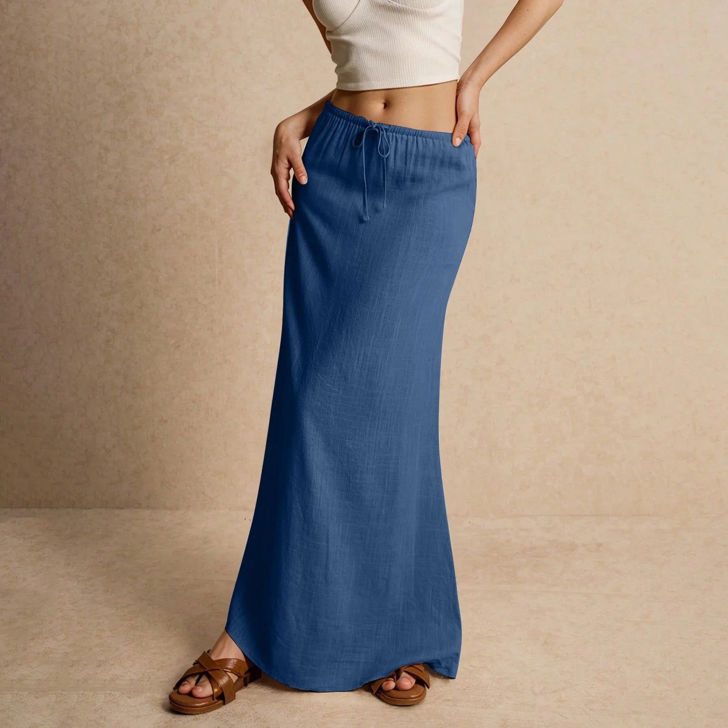 Jupe longue d'été pour femmes, cordon de serrage, taille basse, ligne A, jupe décontractée, taille haute élastique, moulante, longue, jupes pour femmes