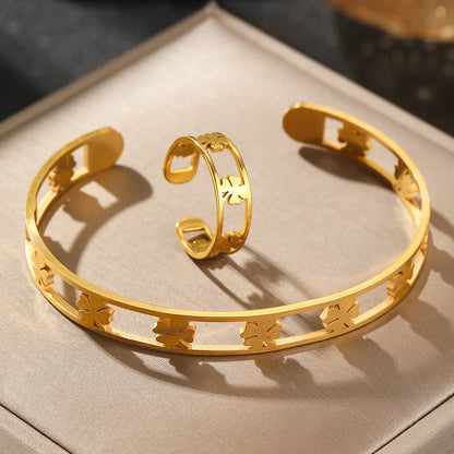 Porte-bonheur  trèfle à quatre feuilles  Bracelet anneaux ensembles pour femmes Bracelet anneaux évidé Bracelet bijoux