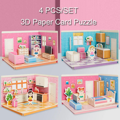 4 pièces/ensemble enfants à la main bricolage chambre modèle Puzzle cuisine chambre salon salle de bain 3D stéréo carton Puzzle