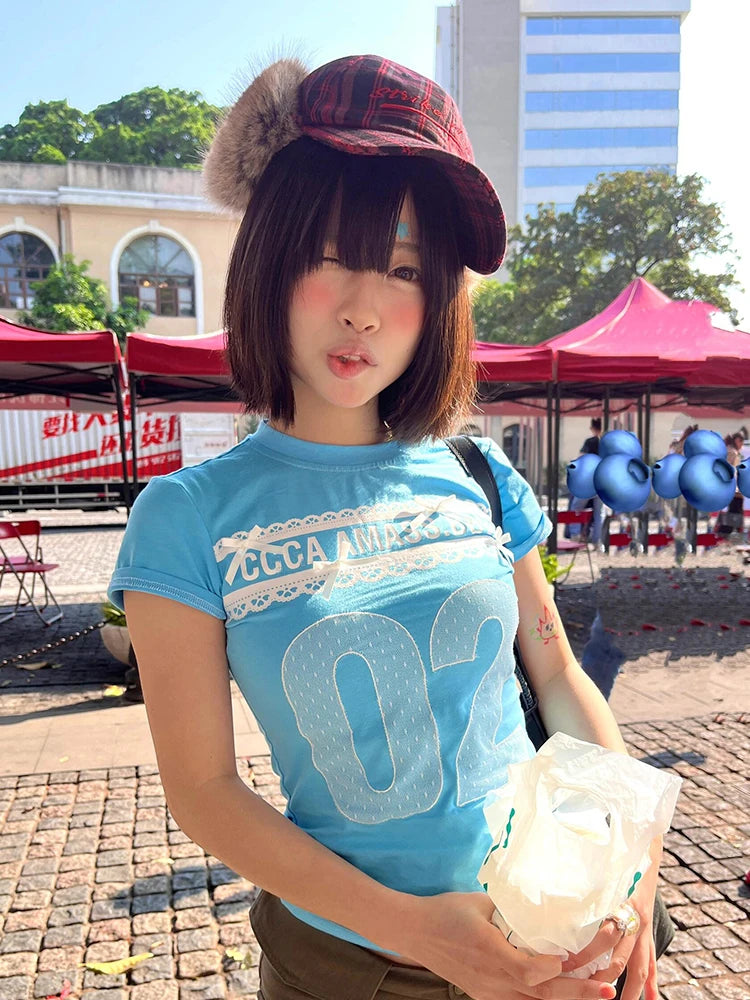 Tonngirls Y2k japonais imprimé t-shirt femmes mince bleu à manches courtes t-shirt Streetwear Vintage Grunge hauts été graphique culture hauts