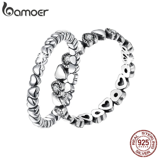 BAMOER véritable 925 bague empilable en argent Sterling coeur noir CZ bagues pour les femmes bijoux d'anniversaire de mariage Anel SCR140