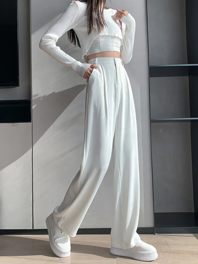 Pantalon décontracté taille haute pour femmes, jambes larges, ample, longueur au sol, costumes blancs, pantalons longs pour dames, nouvelle collection printemps automne