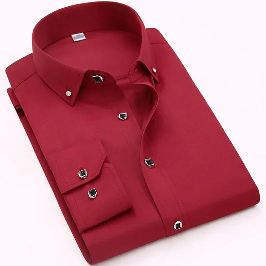 Chemise habillée de luxe pour hommes, bouton en diamant, couleur unie, décontractée, coupe Standard, confortable, douce, manches longues, vêtements pour hommes