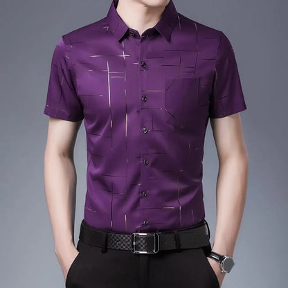 Chemise Soyeuse à Manches Courtes pour Homme, Tenue d'Affaires, Col Rabattu, Décontractée