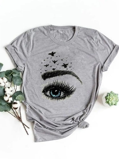 T-shirt manches courtes pour femmes, vêtement basique, haut d'été, maquillage rayé, joli et mignon, imprimé, à la mode, graphique