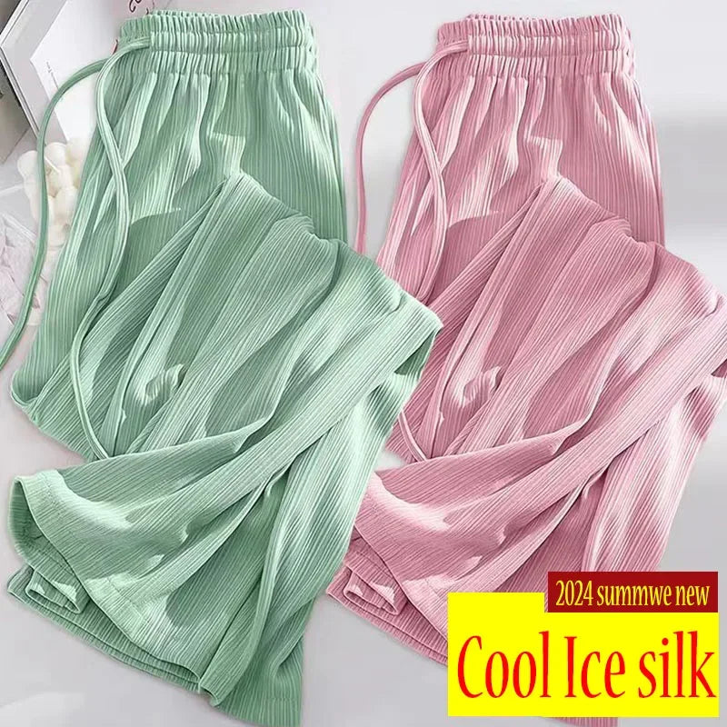 Pantalon droit en soie glacée pour femme, mode, taille haute, jambes larges, couleur unie, sensation d'affaissement, Baggy, décontracté, été