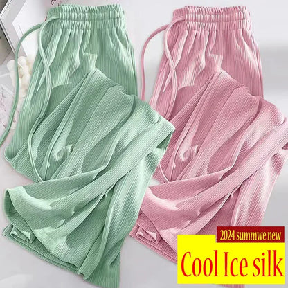 Pantalon droit en soie glacée pour femme, mode, taille haute, jambes larges, couleur unie, sensation d'affaissement, Baggy, décontracté, été