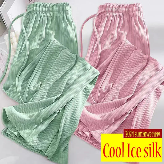 Pantalon droit en soie glacée pour femme, mode, taille haute, jambes larges, couleur unie, sensation d'affaissement, Baggy, décontracté, été
