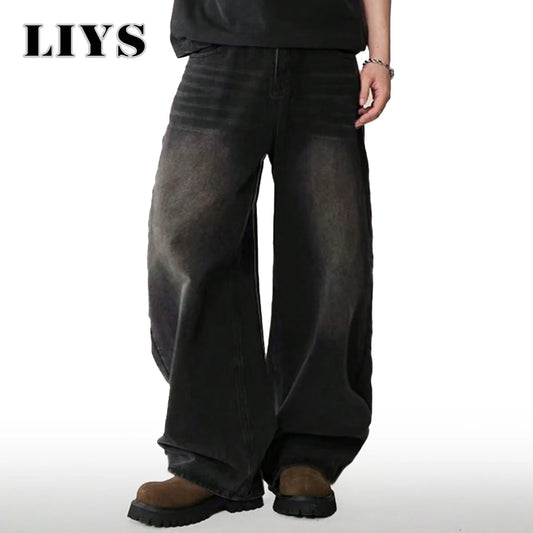 Jean quatre saisons pour hommes Version coréenne étudiant pantalons décontractés haute rue droit ample jambe large Jean noir gris bleu Baggy Jean