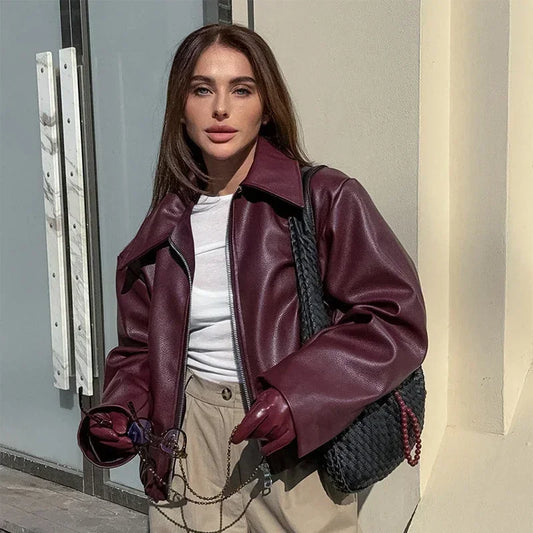 Zekye-Blouson en cuir bordeaux à manches longues pour femme, veste à revers avec fermeture éclair, vêtements de rue, mode printemps été