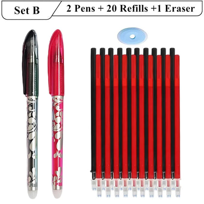 2 stylos Gel effaçables + 20 recharges + 1 gomme, encre magique de 0.5mm en noir bleu rouge vert,