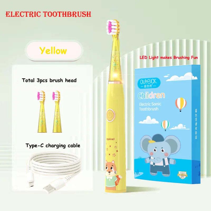 Brosse à dents électrique sonique pour enfants, dessin animé avec lumière LED colorée, étanche IPX7, nettoyage total des dents, brosse à dents de soin Rechargeable