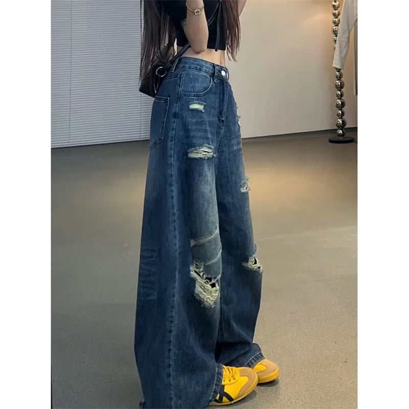Jean en Denim délavé rétro américain pour femmes, Design ample, jambes larges, bleu noirci, Style Hip Hop