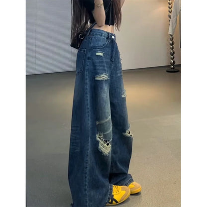 Jean en Denim délavé rétro américain pour femmes, Design ample, jambes larges, bleu noirci, Style Hip Hop