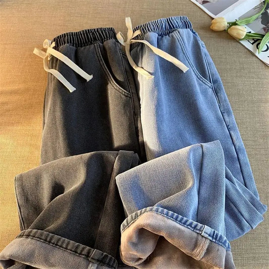 Jean coréen rétro pour hommes et femmes, modèles d'automne et d'hiver, rembourré et épais, ample, droit, jambes larges, pantalons décontractés