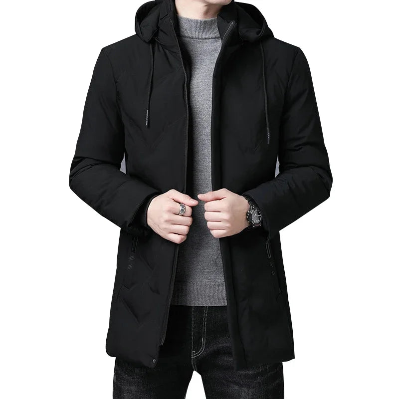 Manteau coupe-vent à capuche pour hommes avec fermeture éclair, parkas longues monochromes, coupe couvertes, veste épaisse chaude, vêtements d'extérieur rembourrés en coton, mode