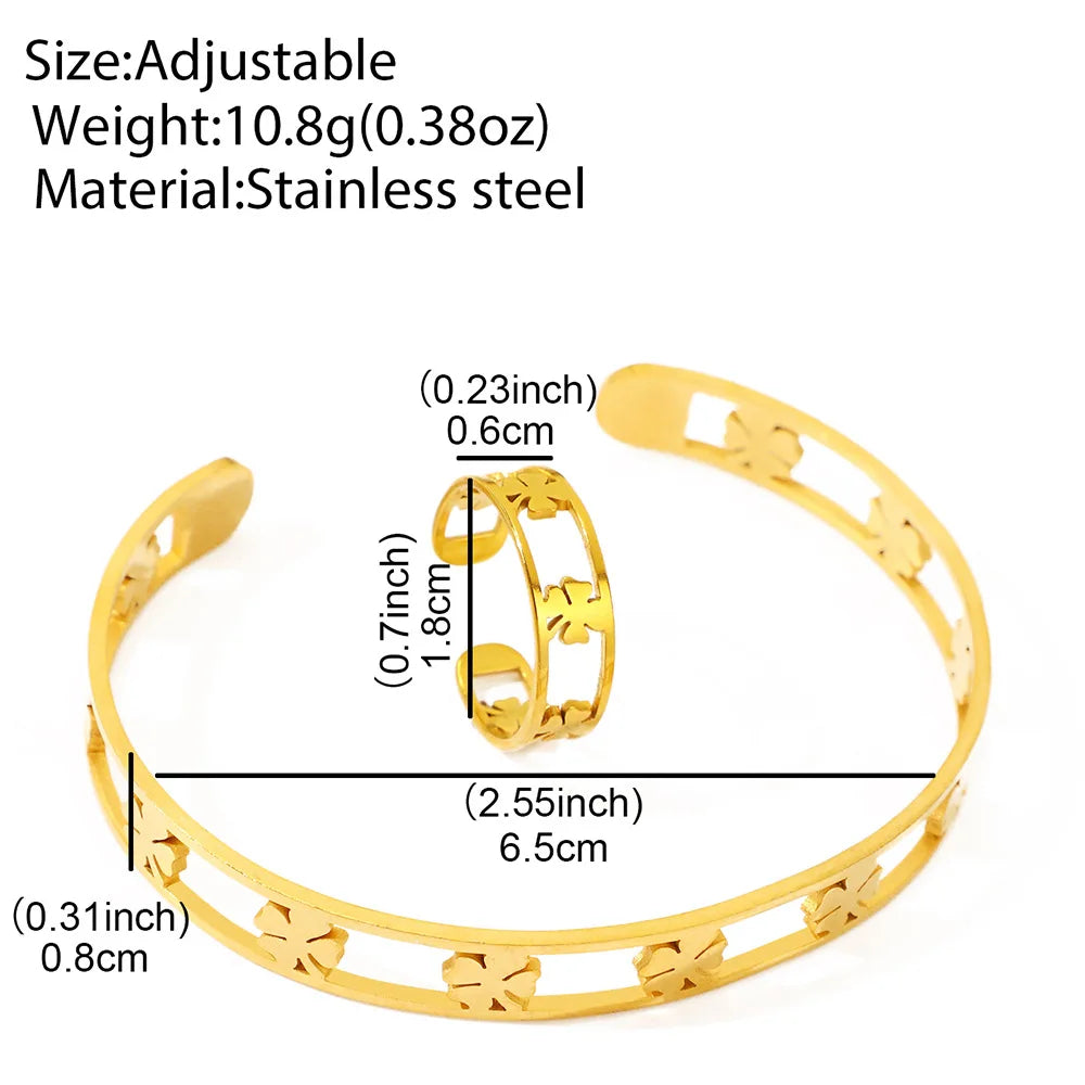 Porte-bonheur  trèfle à quatre feuilles  Bracelet anneaux ensembles pour femmes Bracelet anneaux évidé Bracelet bijoux