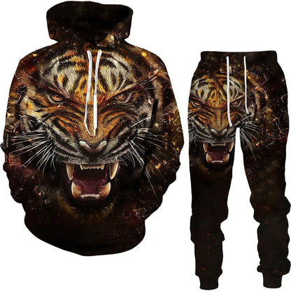 Ensemble de survêtement imprimé tigre animal 3D pour hommes, sweat à capuche et pantalon décontractés, streetwear à la mode, vêtements trempés, automne, hiver, 2 pièces