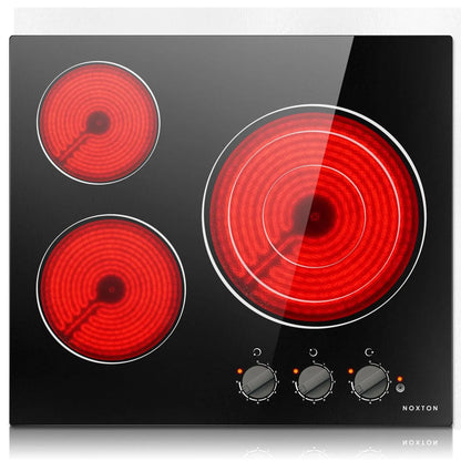 NOXTON Plaque de cuisson en céramique intégrée 3 feux, Table de cuisson électrique en verre cristal noir avec commande tactile, Minuterie, verrouillage pour enfants, 5700w, pas de prise incluse