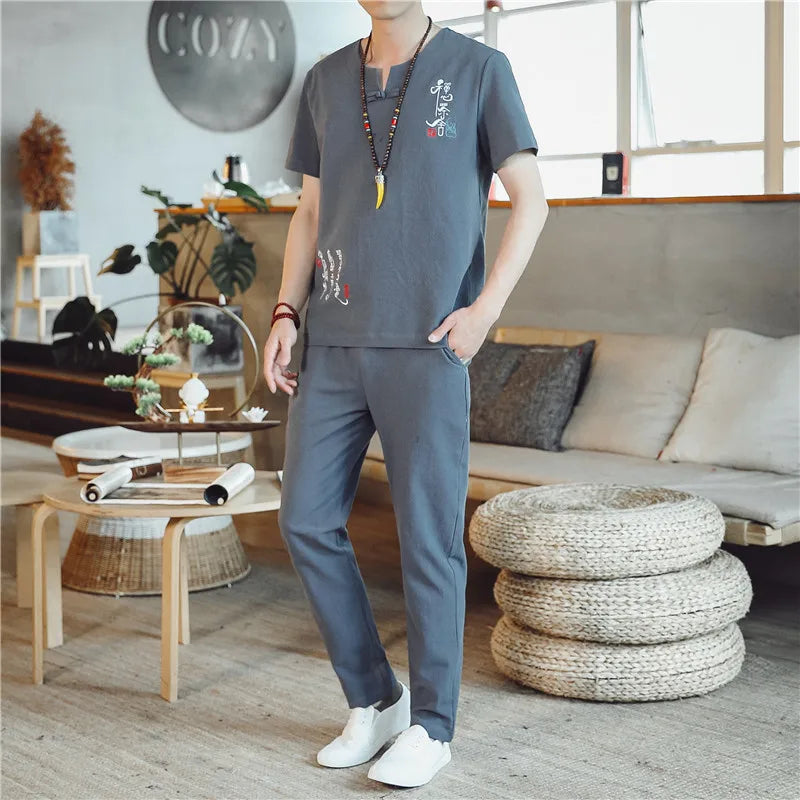 (Chemise + pantalon) 2024 été nouveau style mode hommes chemise à manches courtes chemises hommes ensembles chemises en coton mâle deux pièces M-5XL