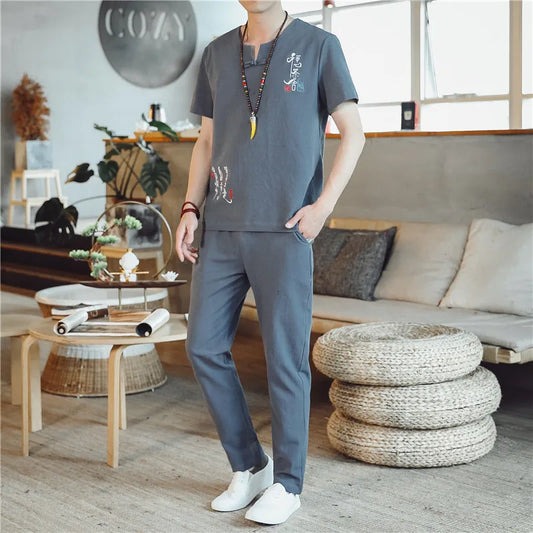 (Chemise + pantalon) 2024 été nouveau style mode hommes chemise à manches courtes chemises hommes ensembles chemises en coton mâle deux pièces M-5XL