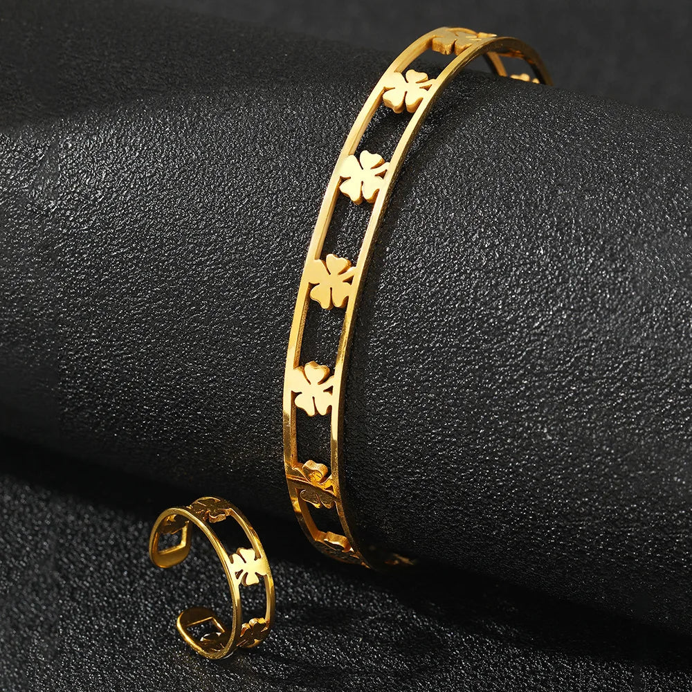 Porte-bonheur  trèfle à quatre feuilles  Bracelet anneaux ensembles pour femmes Bracelet anneaux évidé Bracelet bijoux