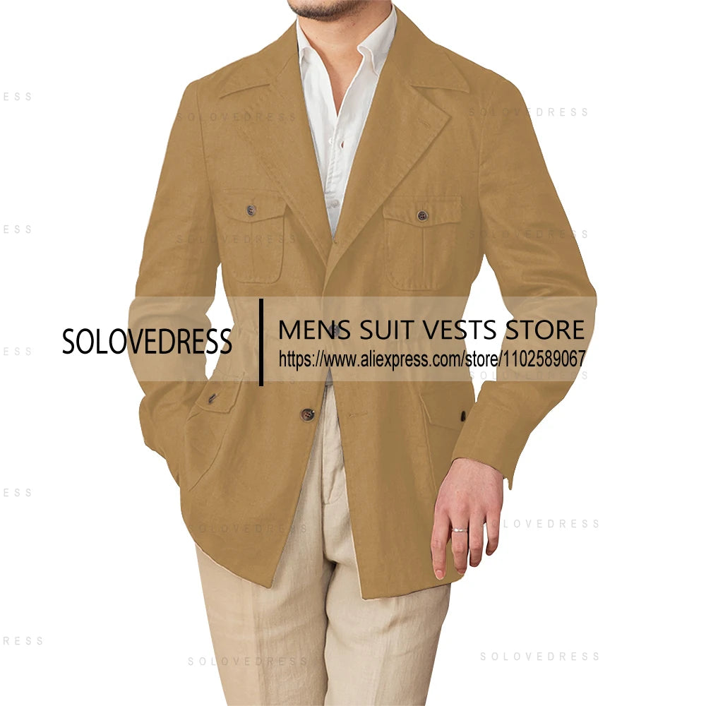 Veste en lin simple boutonnage col à revers coupe ajustée lin costumes pour hommes veste d'été Blazer (juste une veste)
