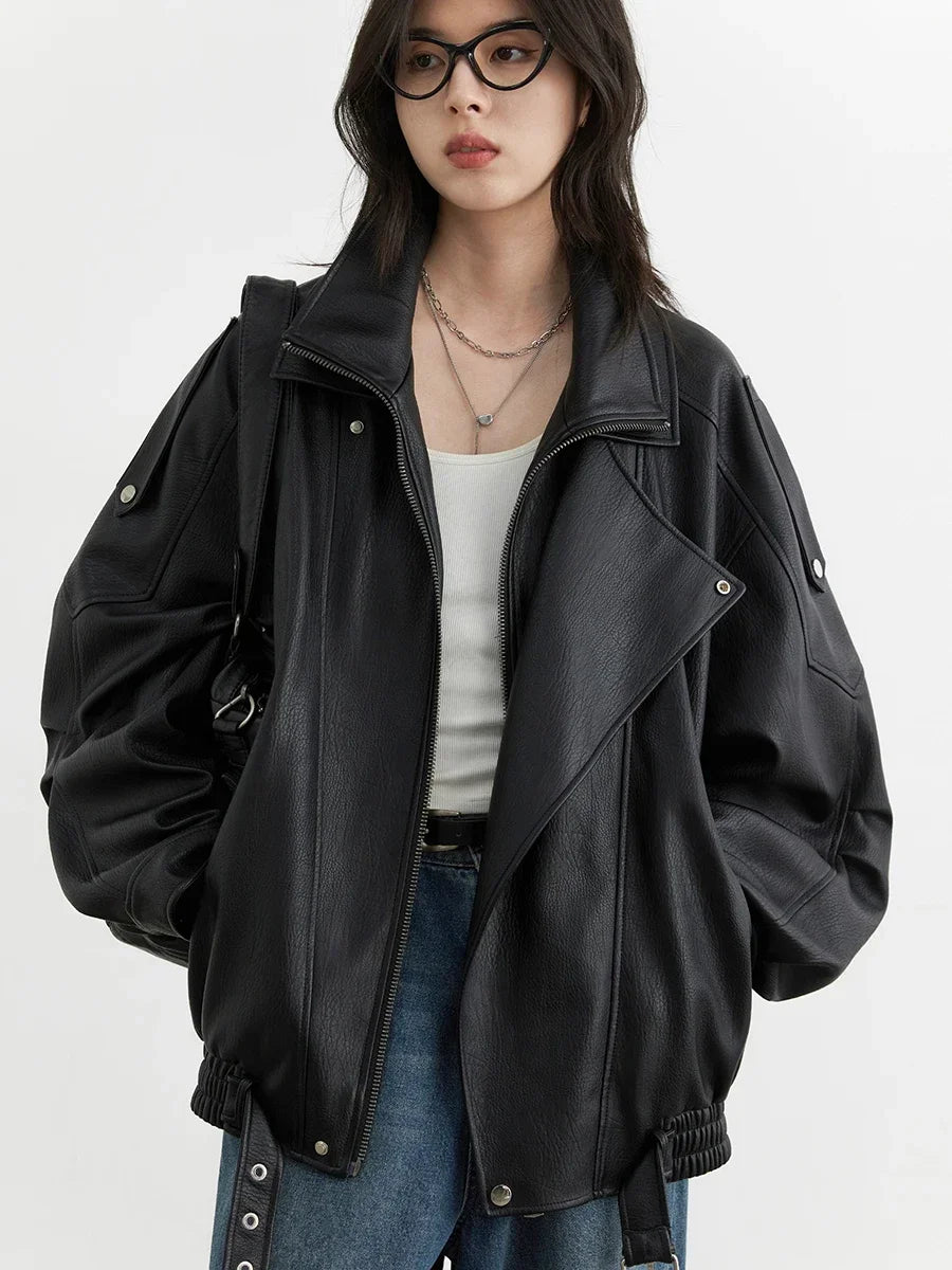 CHIC VEN-Veste en similicuir PU pour femme, col montant rétro, manteau de moto, haut femme, solide, adt, nouveau, printemps, automne, 2024