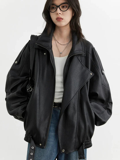 CHIC VEN-Veste en similicuir PU pour femme, col montant rétro, manteau de moto, haut femme, solide, adt, nouveau, printemps, automne, 2024