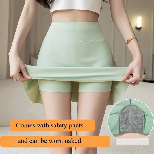 Jupe courte en soie glacée pour femmes, Style d'été, entrejambe, taille haute, jupe de sport de Yoga, fille épicée, Style doux et Cool, jupe plissée
