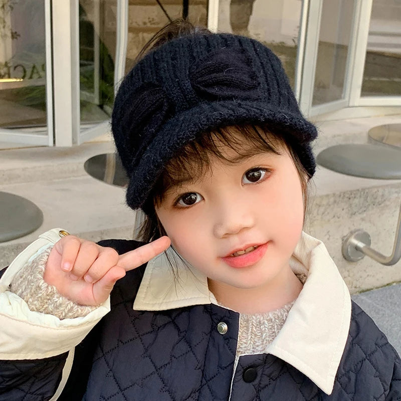 Chapeau en laine pour Protection des oreilles, haut vide, avec nœud pour bébé fille, tricoté en bec de canard, pour enfants de 3 à 10 ans, couvre-oreilles chauds d'hiver, bonnets pour enfants
