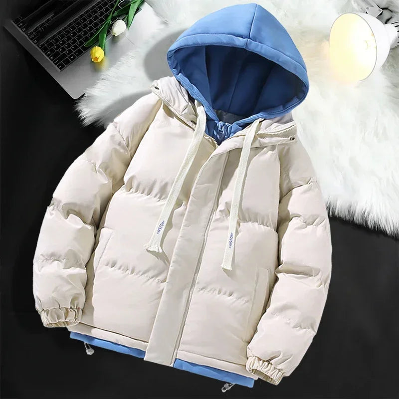 Hommes à capuche coton Coat2024 nouveau décontracté à capuche faux deux pièces conception vers le bas coton chaud Parka Style coréen épais hommes veste d'hiver